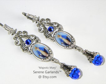 Virgin Mary Religious Earrings with Blue and Silver Rosary, Catholic Christian, Holy Guardian Angel