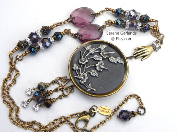 Antique Button Necklace: Hibiscus Purple Flower, Victorian Assemblage, Gothic Mourning Jewelry
