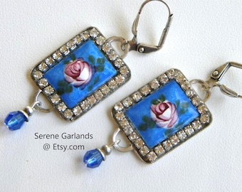 Antique Blue Guilloche Earrings with Shabby Pink Roses and Rhinestones, Art deco Jewelry, Rectangle Square Enamel, Rare Unique