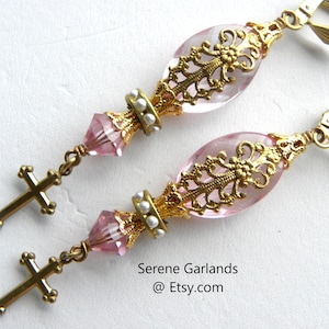 Pink Cross Earrings: Baroque Filigree, Swarovski Crystals, Marie Antoinette Style
