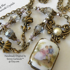Vintage Limoges Porcelain Cameo Necklace: Renaissance Lovers, Marie Antionette, Crystal Swarovski