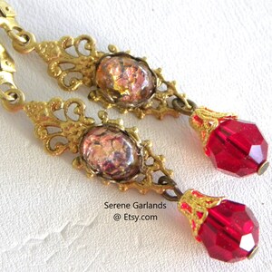 Golden Brown and Amethyst Opal Glass Earrings, Red Crystal Dangles, Rococo Harlequin, Gift for Wife, Dainty Long Slender Colorful Jewelry