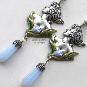 Victorian Gibson Girl Earrings: Periwinkle Blue Opal Teardrop, Art Nouveau