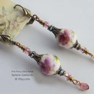Vintage Porcelain Pansy Flower Earrings: Handmade Rhinestone Dangles Fuchsia Pink