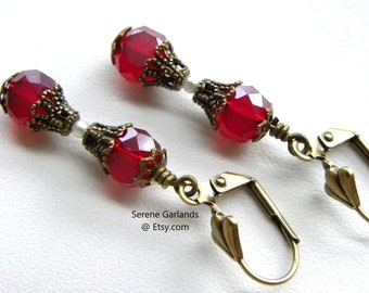 Ruby Red Hourglass Earrings, Genie Bottle, Crimson Bead Earrings, Long Red Dangles, Goth Victorian Vampire Blood, Gift Her