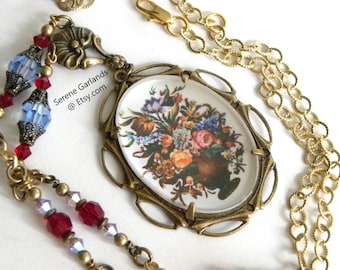 Flower Cameo Necklace with Bouquet Arrangement and Rare Mirror Back Cameo, Victorian Decorative Floral Pendant with Crystals, Gift for Mom