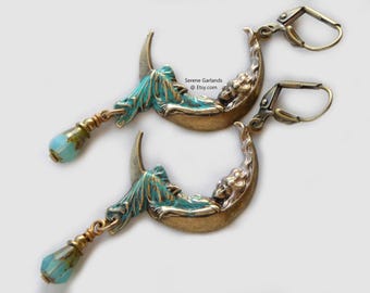 Verdigris Crescent Moon Earrings: Art Nouveau Goddess with Crystal