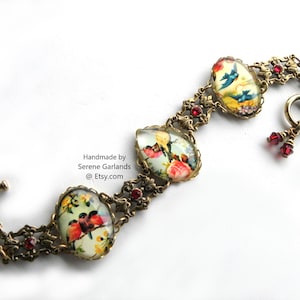 Bird Bracelet with Bluebird Yellow Finches and Red Sparrow, Wildlife Jewelry, Wide Cuff