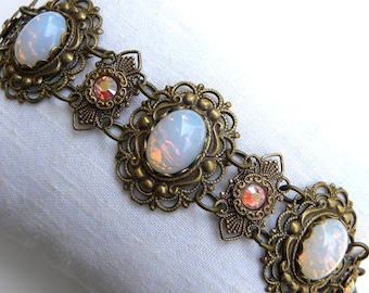 Fire Opal Glass Bracelet, Victorian Cuff, Statement Chunky Wide