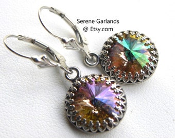 Crystal Earrings with Small Round Swarovski and Serling Silver, Sparkly Colorful Vibrant, Aurora Borealis, Short Dangles, Choice of colors