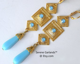 Art Deco Dangle Earrings: Egyptian Revival Gold, Turquoise Swarovski Crystals, LAST PAIR