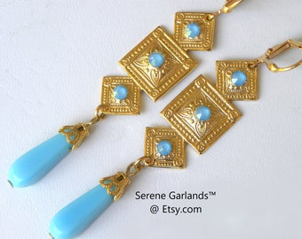 Egyptian Revival Art Deco Earrings, Greek Goddess, Nefertiti Long Gold Square Dangles, Turquoise Blue, Rectangle Abstract Jewelry, Handmade