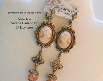 Peach Cameo Tudor Earrings, Portrait Lady, Angel Skin Victorian, Long Swarovski Dangles, Handmade Jewelry, Serene Garlands