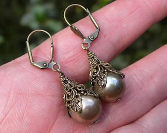 Large Gold Pearl Earrings, South Sea Style, Dark Brown Genuine Pearl Drops