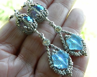 Leaf Aurora Borealis Earrings, Aqua Blue Iridescent, Long Dramatic Dangles