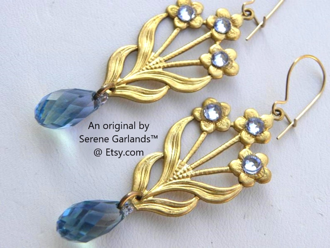 Gold Flower Bouquet Earrings With Lavender Purple Me Nots and