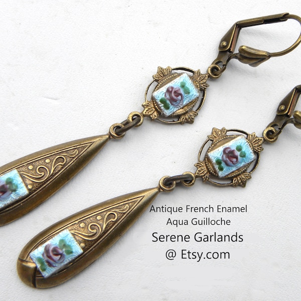 Aqua Blue Enamel Guilloche Earrings Long Slender Victorian Teardrop, Turquoise Art Deco Spike, French Enamel, Serene Garlands