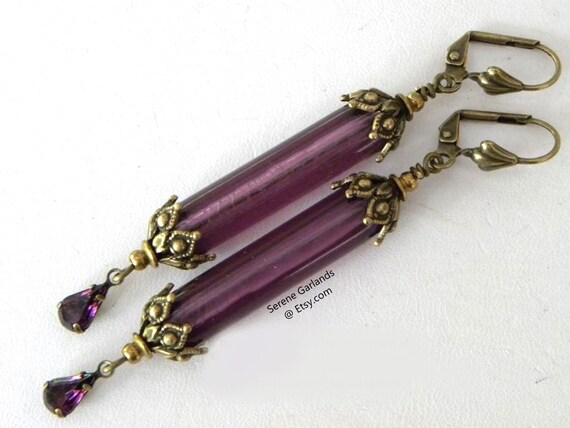 Amethyst Purple Tube Earrings: Greek Goddess Style, Antiqued Brass