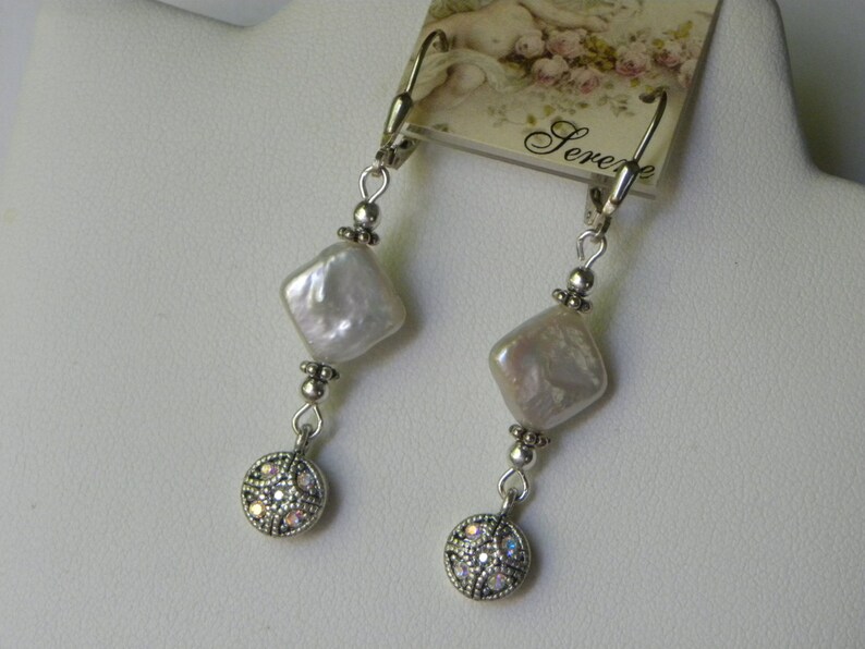 Pearl Sterling Silver Dangles Bridal Beach Wedding Earrings White Diamond Coin Pearl Earrings Coin Pearl Earrings Diamond Pearl Earrings