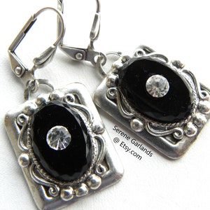 Black Art Deco Dangle Earrings: Silver Onyx Glass, Rhinestone Insert
