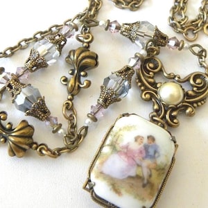 Limoges France RARE Porcelain Cameo Necklace: Rococo Renaissance Lovers, Marie Antionette, Pink and Blue
