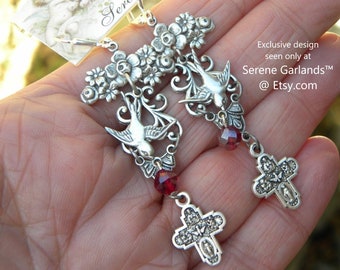 Sparrow Cross Rosary Earrings with Bird Roses and Virgin Mary, Religious Gift, Layered Jewelry, Eye on the Sparrow Bird