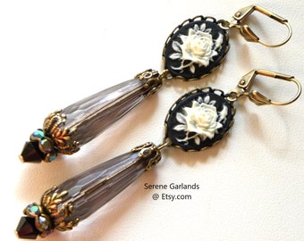 Black Rose Cameo Earrings with Long Gray Spike Teardrop Pendulums, Smokey Gothic Bride, Victorian Mourning, Antique Style