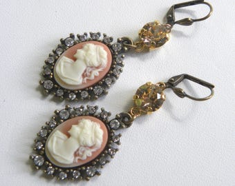 Peach Cameo Earrings, Lady Profile Muse Dangles, Romantic Jewelry