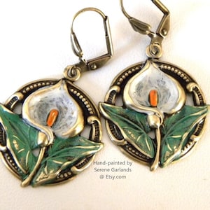 Hand Painted Calla Lily Earrings: Art Nouveau Brass Flower Jewelry