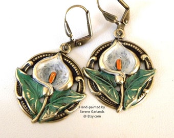 Hand Painted Calla Lily Earrings: Art Nouveau Brass Flower Jewelry