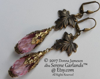 Long Pink Earrings, Maple Leaf Earrings, French Tudor Marie Antoinette Rococo Jewelry, Long Teardrop Spike Rose Pink Dangles Hand Made Leaf