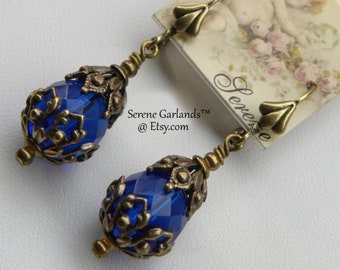 Cobalt Blue Earrings in Rococo Gothic Edwardian, Dark Blue Renaissance Anne Boleyn, Small Round Tudor Drop Dangles