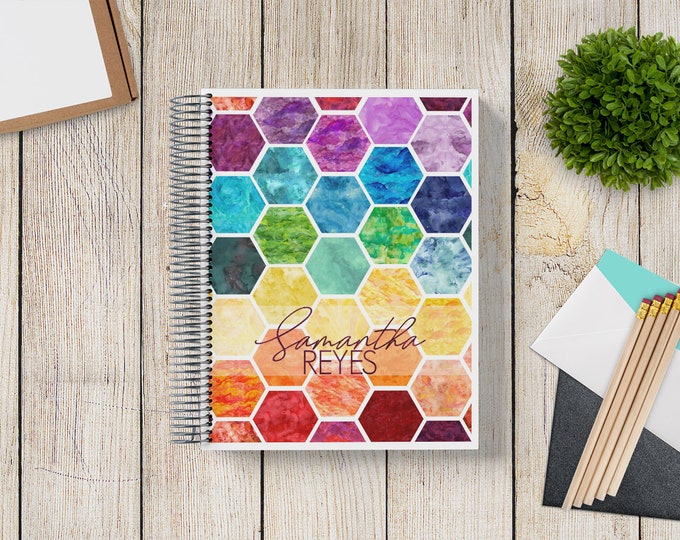 2024-2025 Custom Monthly-Weekly Planner -- Rainbow Watercolor Hexagon