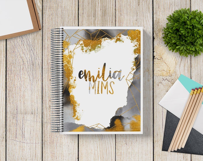 2023-2024 Custom MONTHLY Planner -- Black and Gold Watercolor Geo