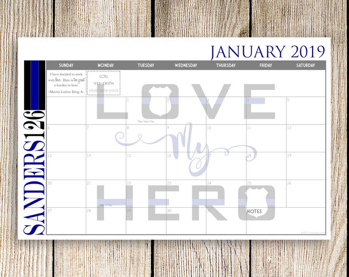 2023-2024 Custom Desk Calendar, Desk Pad, Blotter Calendar - Thin Blue Line Hero, CHOOSE YOUR DATES