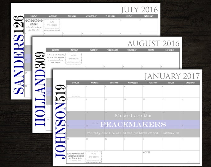 2025 Digital Printable DIY Custom Desk Calendar, Desk Pad, Blotter Calendar - Thin Blue Line PEACEMAKERS, Matthew 5:9, You choose Dates
