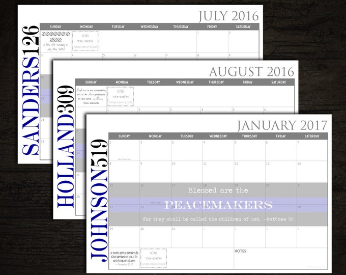 2023-2024 Digital Printable DIY Custom Desk Calendar, Desk Pad, Blotter Calendar - Thin Blue Line PEACEMAKERS, Matthew 5:9, You choose Dates