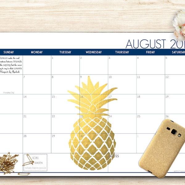 Calendrier de bureau personnalisé 2023-2024, sous-main, calendrier buvard - ananas doré CHOISISSEZ VOS DATES