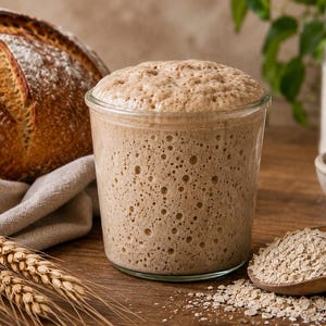 May include: A clear glass jar filled with bubbly, beige sourdough starter sits next to a round, crusty loaf of bread, a wooden spoon containing dry oats, and several stalks of dried wheat on a wooden surface.