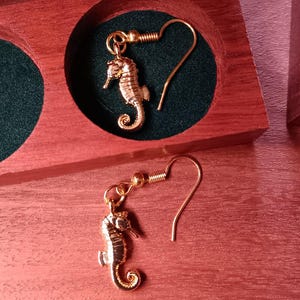 May include: A pair of gold-toned seahorse earrings featuring detailed textured bodies and curved tails. Each earring is attached to a simple gold-toned hook wire. One earring is placed inside a circular cutout of a wooden box, while the other rests below.