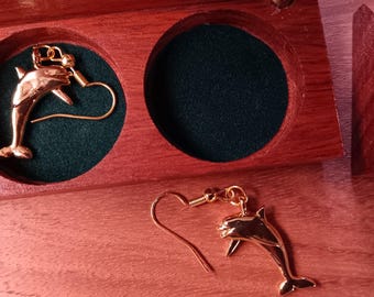 18t Gold Dolphin Earrings with Handcrafted Jarrah Wood Box | Australian Marine Life Jewellery Gift Set | Wooden Keepsake Box