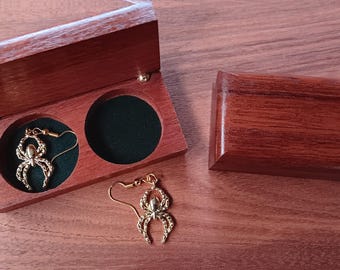 18ct Gold Golden Orb Spider Earrings with Handcrafted Jarrah Wood Box | Australian Native Wildlife Jewellery Gift Set | Wooden Keepsake Box