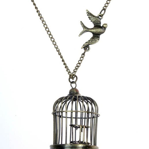 Sparrow Bird Dove Cage Bronze Retro Pendant Necklace