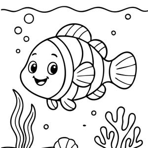 Può includere: Illustrazione in bianco e nero di un pesce dei cartoni animati con motivi a strisce, bolle e piante acquatiche. La parola "FISH" è scritta sopra il pesce. Il pesce ha una faccia sorridente.