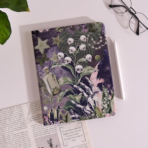 May include: A tablet case with a dark purple botanical design featuring skulls, a skeleton hand, and bottles. The case has a unique, artistic aesthetic. The text on the image says: "Do you know what the biggest issue is in the country today? It is the ownership of land."