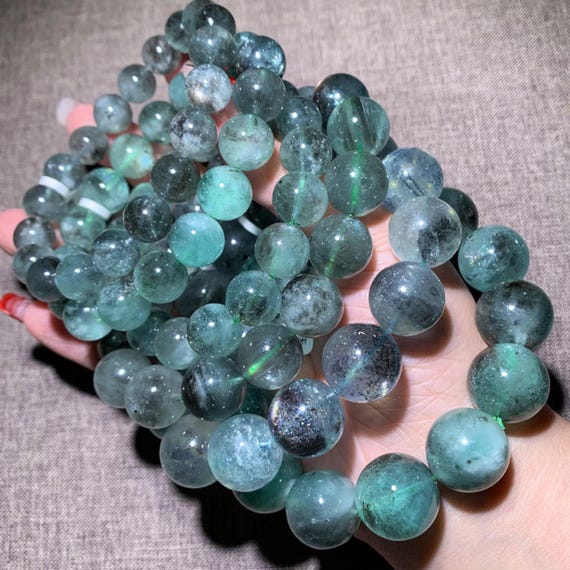 Natural Crystal Brazilian Mica Star Aquamarine Bracelet, Teal Blue Green Beryl Beaded Jewelry, Throat Heart Chakra, Shimmering Cat Eye, Gift