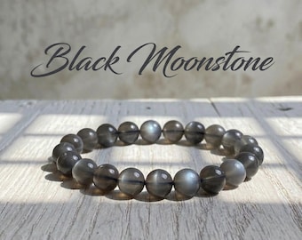 Naturel *Bracelet en pierre de lune noire avec reflet argenté* - Bijoux en pierres précieuses de protection - Minimaliste **Bracelet de perles en pierre de soleil noire