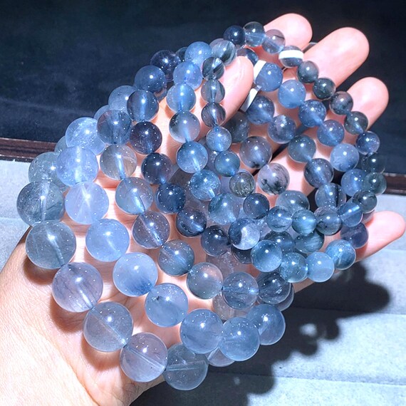 Natural Crystal Blue Rabbit Hair Quartz Bracelet, Blue Hair Gemstone Beaded Jewelry Healing Calm Peace Stone Stretch Bracelet Gift for Women