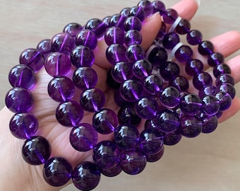 Natural Crystal Uruguay Amethyst Bracelet, Deep Purple Gemstone Beaded Jewelry, February Birthstone, Meditative Protection Stone, Stretch