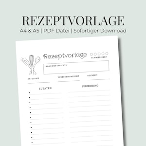 Szablon przepisu do druku w formacie A4 i A5 | Arkusz przepisów w formacie PDF | Minimalistyczny szablon przepisu | Wersja cyfrowa do pobrania | Zbiór przepisów